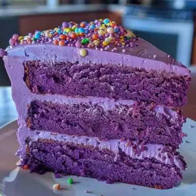 A vibrant three-layer purple velvet cake with light purple frosting and colorful candy sprinkles on top, served on a white plate with a green rim.