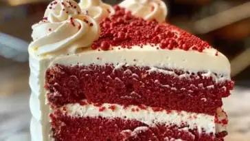 A beautifully layered red velvet cake with thick cream cheese frosting and red candy sprinkles on top. Three moist red cake layers are stacked evenly with generous frosting in between, topped with piped swirls.