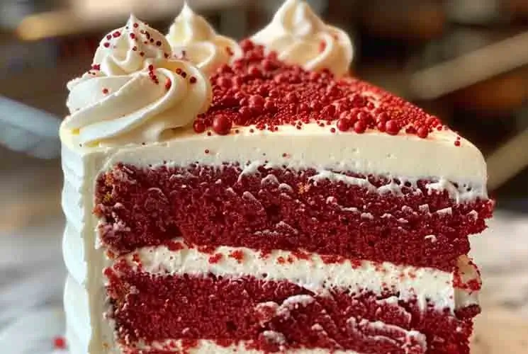 A beautifully layered red velvet cake with thick cream cheese frosting and red candy sprinkles on top. Three moist red cake layers are stacked evenly with generous frosting in between, topped with piped swirls.