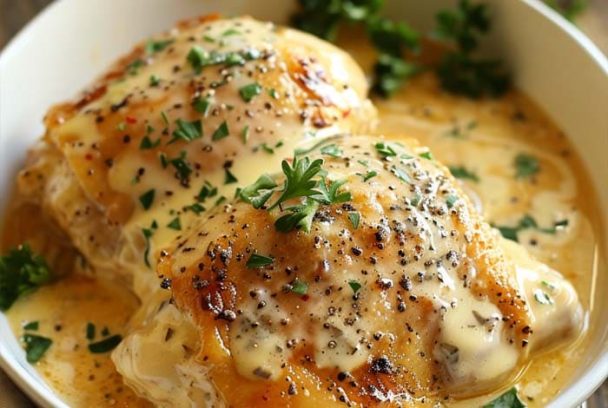 Close-up of Slow Cooker Million Dollar Chicken served in a white bowl, topped with creamy sauce, fresh herbs, and cracked pepper.
