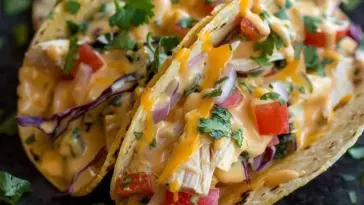Two cheesy Slow Cooker Queso Chicken Tacos filled with shredded chicken, melted queso, chopped red onions, tomatoes, cilantro, and purple cabbage on grilled tortillas.