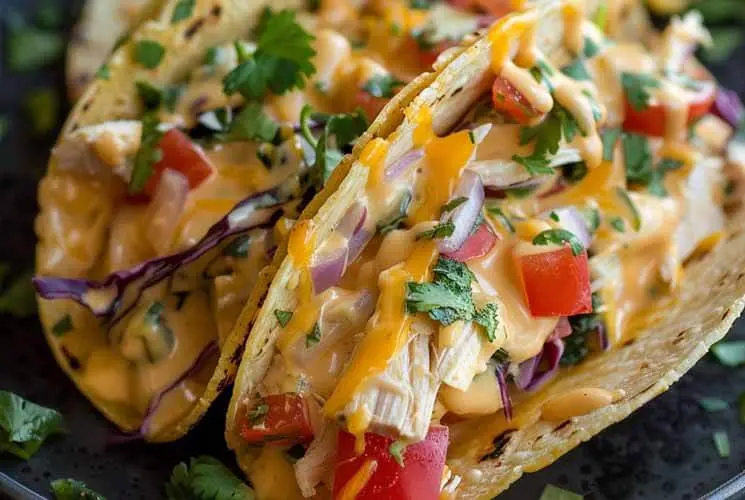 Two cheesy Slow Cooker Queso Chicken Tacos filled with shredded chicken, melted queso, chopped red onions, tomatoes, cilantro, and purple cabbage on grilled tortillas.