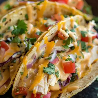 Close-up of cheesy Slow Cooker Queso Chicken Tacos filled with shredded chicken, melted queso, red onions, tomatoes, and fresh cilantro in toasted corn tortillas.