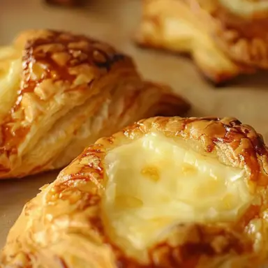 Close-up of golden brown Crescent Cheese Danishes with flaky layers and creamy cheese filling, fresh from the oven.