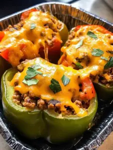 Close-up of baked Taco Stuffed Bell Peppers filled with ground beef, beans, and melted cheddar cheese, topped with fresh parsley in a foil tray.