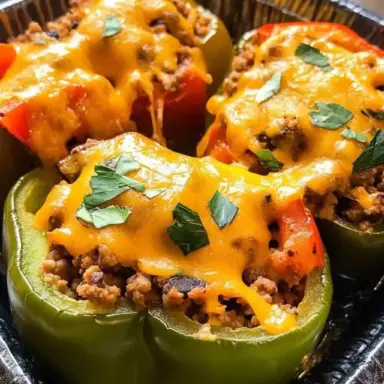 Close-up of baked Taco Stuffed Bell Peppers filled with ground beef, beans, and melted cheddar cheese, topped with fresh parsley in a foil tray.