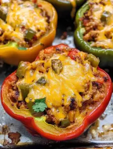 Close-up of red, yellow, and green Taco Stuffed Bell Peppers filled with seasoned beef, vegetables, and melted cheddar cheese, garnished with fresh cilantro.