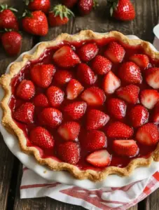 Whole Big Boy’s Fresh Strawberry Pie filled with halved fresh strawberries and glossy glaze in a golden baked crust, set on a rustic wooden table with scattered berries.