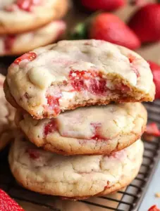 Close-up of soft and chewy Strawberry Cheesecake Cookies with creamy cheesecake and strawberry jam filling, stacked on a cooling rack.