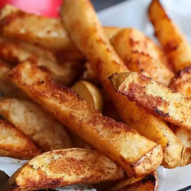 Close-up of crispy air fryer apple fries coated in cinnamon sugar, served in a black bowl with fresh apple slices in the background.