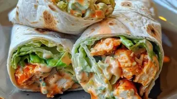 Buffalo Chicken Wraps filled with spicy chicken, shredded lettuce, and creamy dressing, neatly sliced and stacked on a plate for serving.