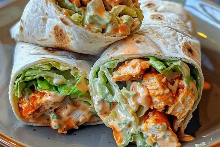 Buffalo Chicken Wraps filled with spicy chicken, shredded lettuce, and creamy dressing, neatly sliced and stacked on a plate for serving.