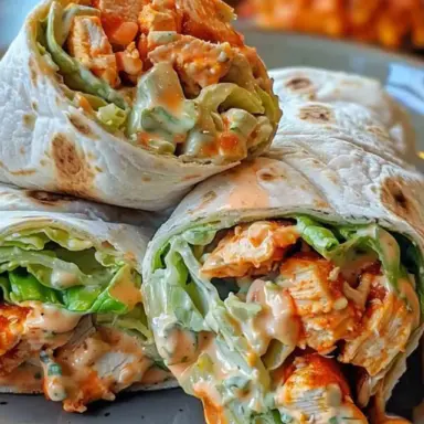 Close-up of sliced Buffalo Chicken Wraps filled with spicy chicken, lettuce, and creamy ranch dressing in a warm tortilla, served on a plate.