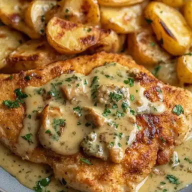 Golden, pan-fried Chicken Francese topped with creamy lemon-butter sauce and fresh herbs, served with crispy roasted baby potatoes on a gray plate.