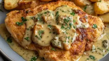 Close-up of crispy Chicken Francese smothered in lemon-butter wine sauce, garnished with chopped parsley and served with golden roasted potatoes.