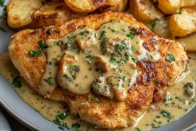 Close-up of crispy Chicken Francese smothered in lemon-butter wine sauce, garnished with chopped parsley and served with golden roasted potatoes.