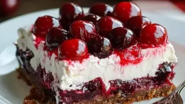 Slice of Classic Cherry Delight with layered graham crust, whipped cream cheese filling, and cherry pie topping on a white plate with fork