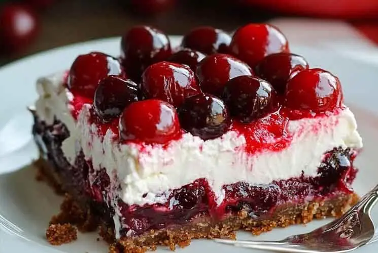 Slice of Classic Cherry Delight with layered graham crust, whipped cream cheese filling, and cherry pie topping on a white plate with fork