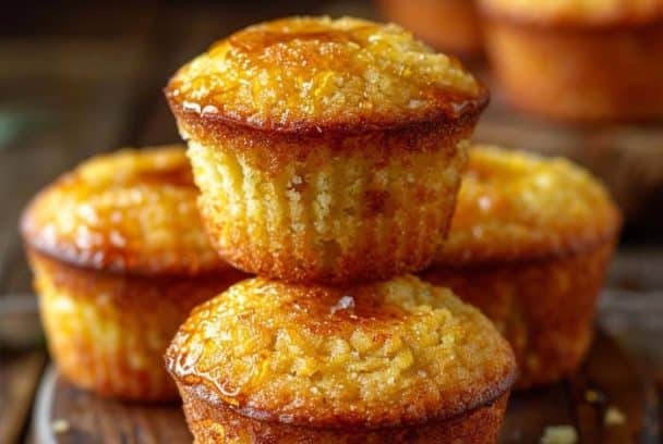 Golden brown cornbread muffins stacked on a wooden board, drizzled with honey and glowing with a moist, crumbly texture.