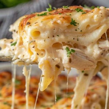 A close-up of a slice of creamy white cheese chicken lasagna being lifted with a fork, showing melty mozzarella, tender shredded chicken, and golden baked layers of pasta with herbs.