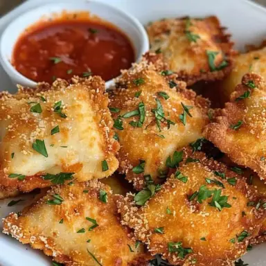 A white plate filled with crispy golden fried ravioli sprinkled with parsley, served with a side of marinara sauce for dipping.