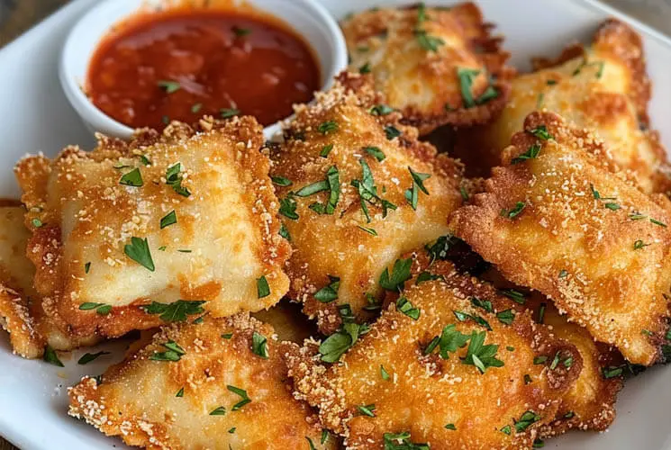 A plate of golden brown fried ravioli topped with fresh parsley, served with a side of rich marinara sauce in a small white bowl.
