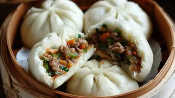 Fluffy steamed meat buns in a bamboo steamer, one bun split open to reveal a savory pork and vegetable filling with carrots, green onions, and sauce.
