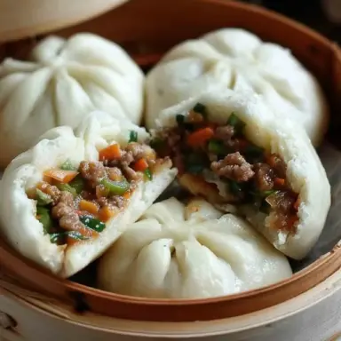 Close-up of fluffy steamed meat buns in a bamboo steamer, filled with savory ground pork, carrots, and green onions, sliced open to reveal the juicy filling.