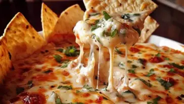 Golden-baked Million Dollar Dip with gooey melted cheese and fresh herbs, being scooped with a crispy tortilla chip from a white dish surrounded by more chips.