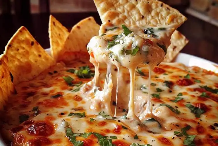 Golden-baked Million Dollar Dip with gooey melted cheese and fresh herbs, being scooped with a crispy tortilla chip from a white dish surrounded by more chips.
