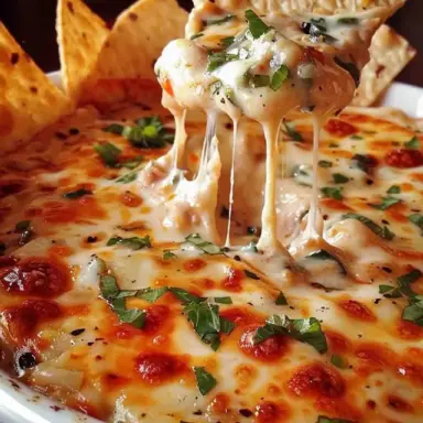 Close-up of hot, cheesy Million Dollar Dip in a white ramekin, topped with fresh herbs and served with crispy tortilla chips.