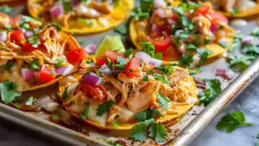 Golden-baked mini chicken tostadas on a sheet pan topped with juicy shredded chicken, melted cheese, chopped red onion, tomatoes, and cilantro with lime wedges on the side.