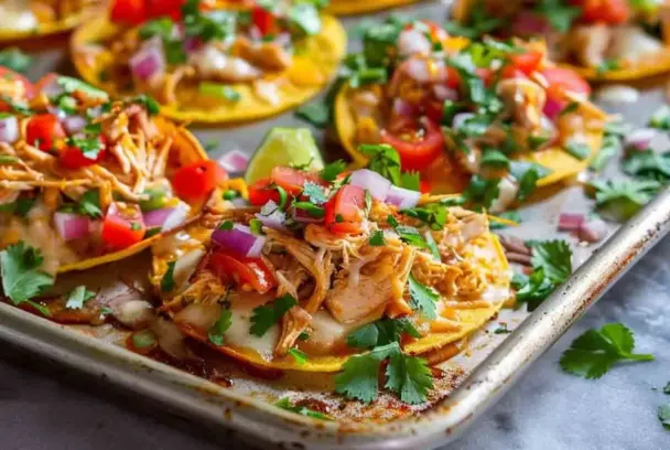 Golden-baked mini chicken tostadas on a sheet pan topped with juicy shredded chicken, melted cheese, chopped red onion, tomatoes, and cilantro with lime wedges on the side.