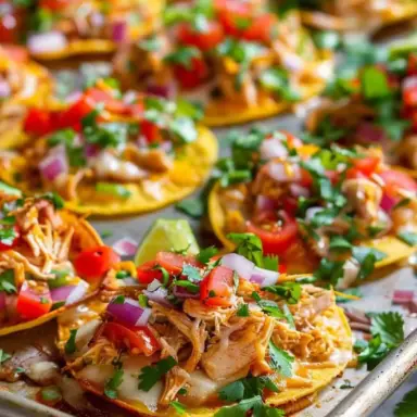 Close-up of crispy mini chicken tostadas baked on a sheet pan, topped with shredded chicken, melted cheese, diced tomatoes, red onion, and fresh cilantro.