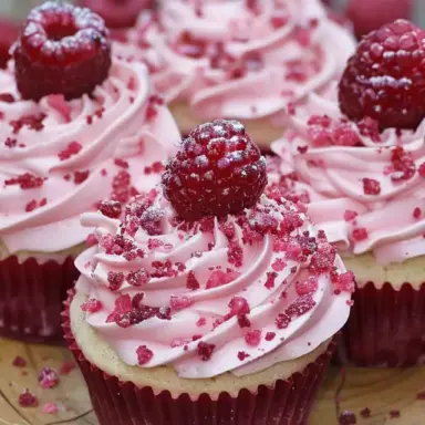 Close-up of raspberry cupcakes with pink buttercream frosting, topped with fresh raspberries and crushed raspberry sprinkles, served in red cupcake liners.