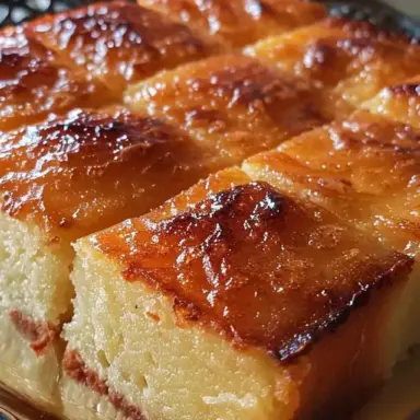 Close-up of golden brown Turkish Milk Cake (Sütlü Kek) slices with a glossy milk-soaked top and soft, fluffy texture, served on a decorative tray.