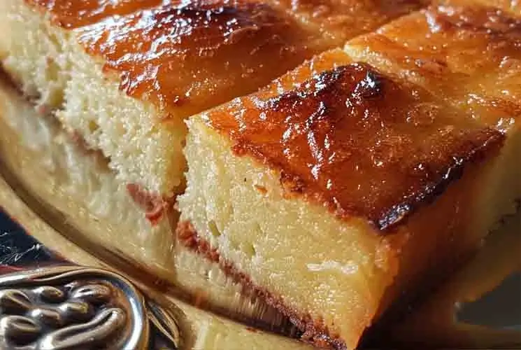 Sliced Turkish Milk Cake with a golden, glossy top and soft, creamy interior, served on a decorative silver tray.