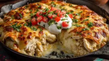 Close-up of a White Chicken Enchilada Skillet topped with melted cheese, sour cream, diced tomatoes, and chopped cilantro, served in a cast iron pan with a portion scooped out to reveal creamy shredded chicken inside.
