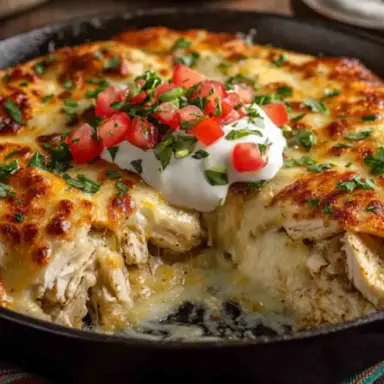 Close-up of a White Chicken Enchilada Skillet topped with melted cheese, sour cream, diced tomatoes, and chopped cilantro, served in a cast iron pan with a portion scooped out to reveal creamy shredded chicken inside.