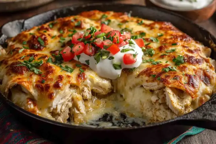 Close-up of a White Chicken Enchilada Skillet topped with melted cheese, sour cream, diced tomatoes, and chopped cilantro, served in a cast iron pan with a portion scooped out to reveal creamy shredded chicken inside.