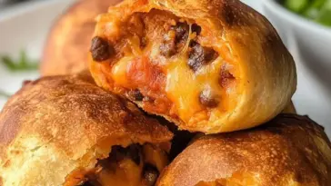 Stack of golden brown Air Fryer Cheesy Taco Bombs filled with seasoned beef, melted cheddar cheese, and black beans, served on a white plate.