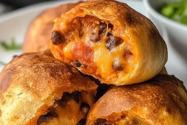 Stack of golden brown Air Fryer Cheesy Taco Bombs filled with seasoned beef, melted cheddar cheese, and black beans, served on a white plate.