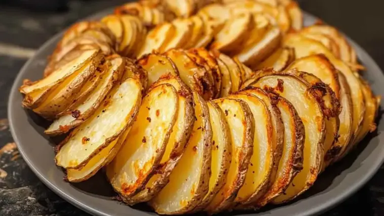 Golden brown air fryer sliced potatoes arranged on a gray plate, with crispy edges and tender centers, seasoned with garlic and pepper.
