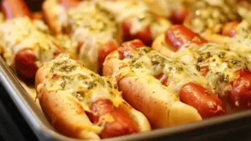 Tray of oven baked hot dogs nestled in buns, topped with melted cheese and seasoning, ready to serve for an easy meal or party dish.