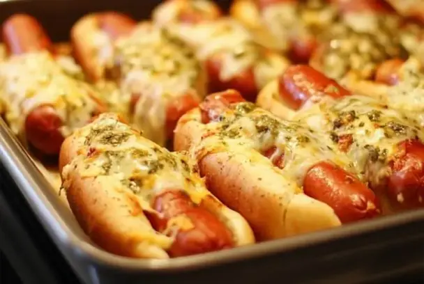 Tray of oven baked hot dogs nestled in buns, topped with melted cheese and seasoning, ready to serve for an easy meal or party dish.