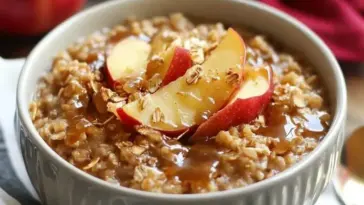 Close-up of a bowl of caramel apple baked oatmeal topped with fresh apple slices, oats, and caramel sauce, a perfect cozy and comforting fall breakfast.