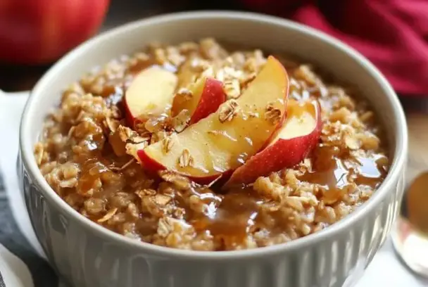 Close-up of a bowl of caramel apple baked oatmeal topped with fresh apple slices, oats, and caramel sauce, a perfect cozy and comforting fall breakfast.