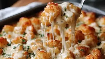 Golden and crispy tater tots layered over creamy Chicken Alfredo casserole, with melted cheese stretching as a spoon lifts a serving from a baking dish.