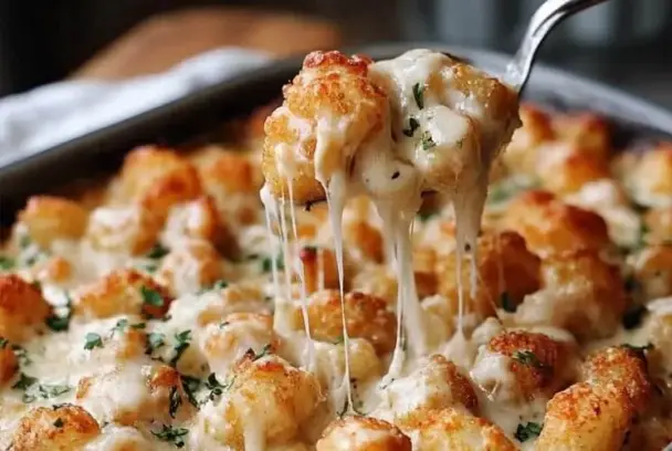 Golden and crispy tater tots layered over creamy Chicken Alfredo casserole, with melted cheese stretching as a spoon lifts a serving from a baking dish.