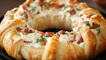 Golden crescent ring stuffed with ranch-seasoned chicken, crispy bacon, and fresh herbs, beautifully baked and served on a black plate.